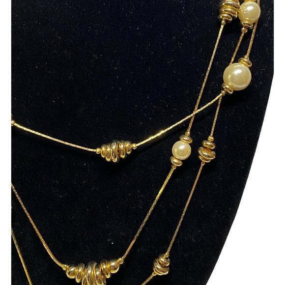 Vintage 70s Multi Strand Faux Pearl Gold Tone Bangle Beads Multi Chain Necklace - Picture 5 of 5